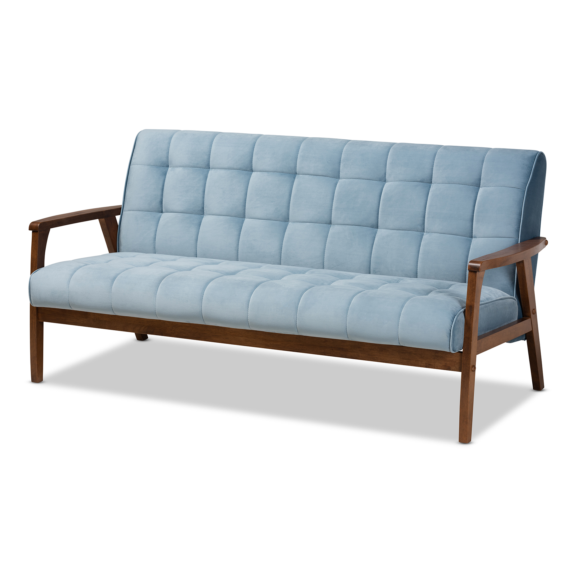 Baxton Studio Asta Mid-Century Modern Light Blue Velvet Fabric Upholstered Walnut Finished Wood Sofa